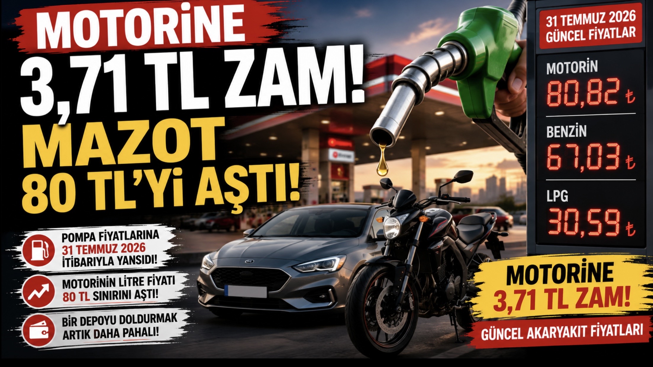 Motorine 3,71 TL Zam Geldi: Mazotun Litresi 80 TL’yi Aştı!