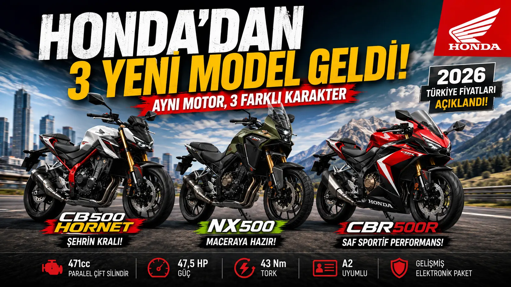Honda’dan Türkiye’ye 3 Yeni 500 cc Motosiklet! CB500 Hornet, NX500 ve CBR500R Satışta