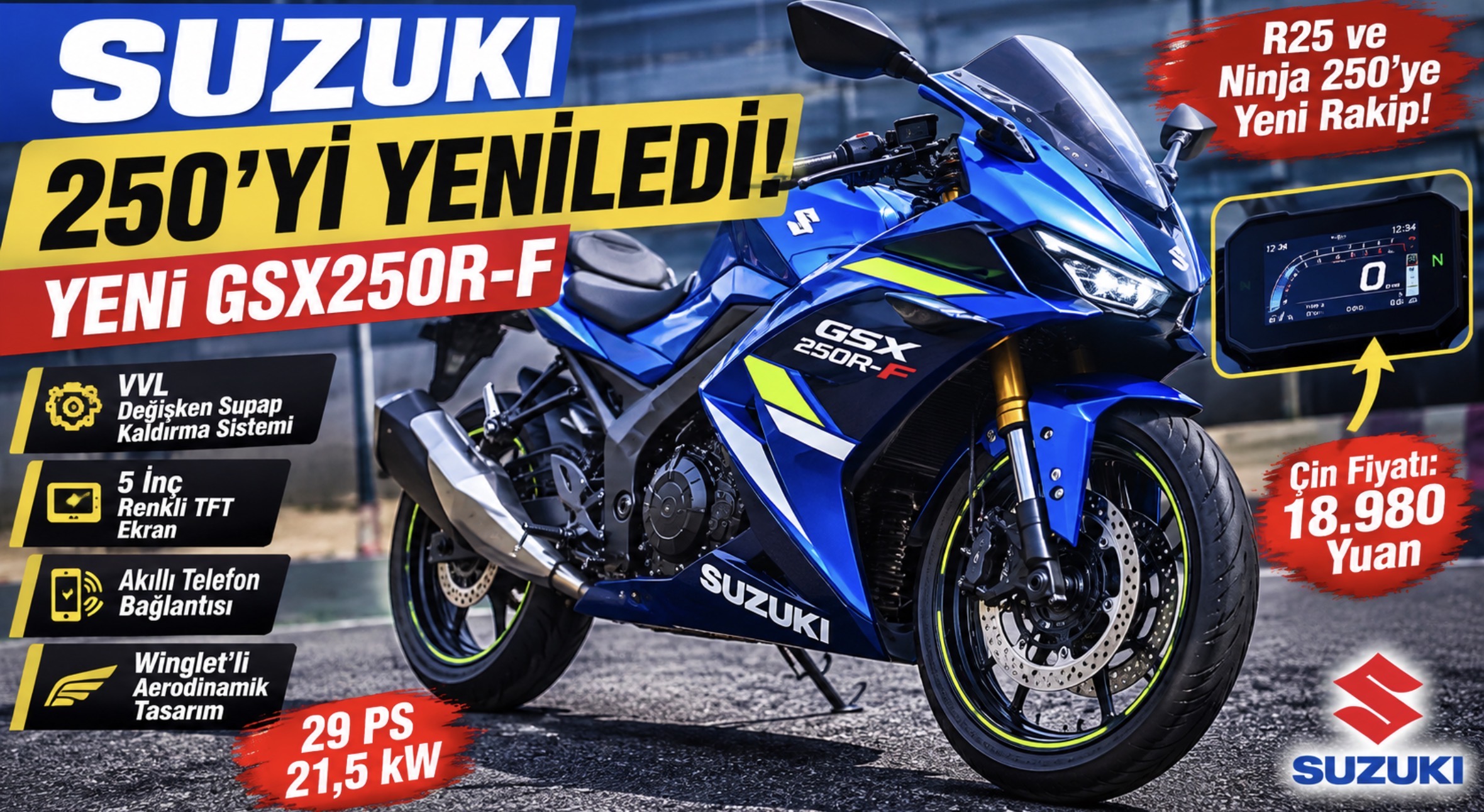 Yeni Suzuki GSX250R-F Tanıtıldı! VVL Motor, TFT Ekran ve Winglet Geldi