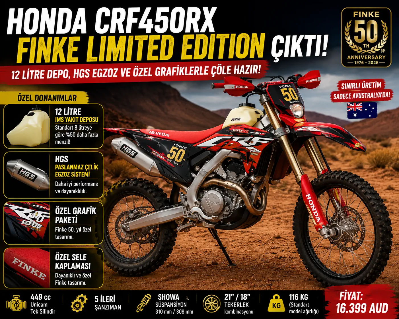 Honda CRF450RX Finke Limited Edition Çıktı: 12 Litrelik Depo ve HGS Egzozla Çöle Hazır!