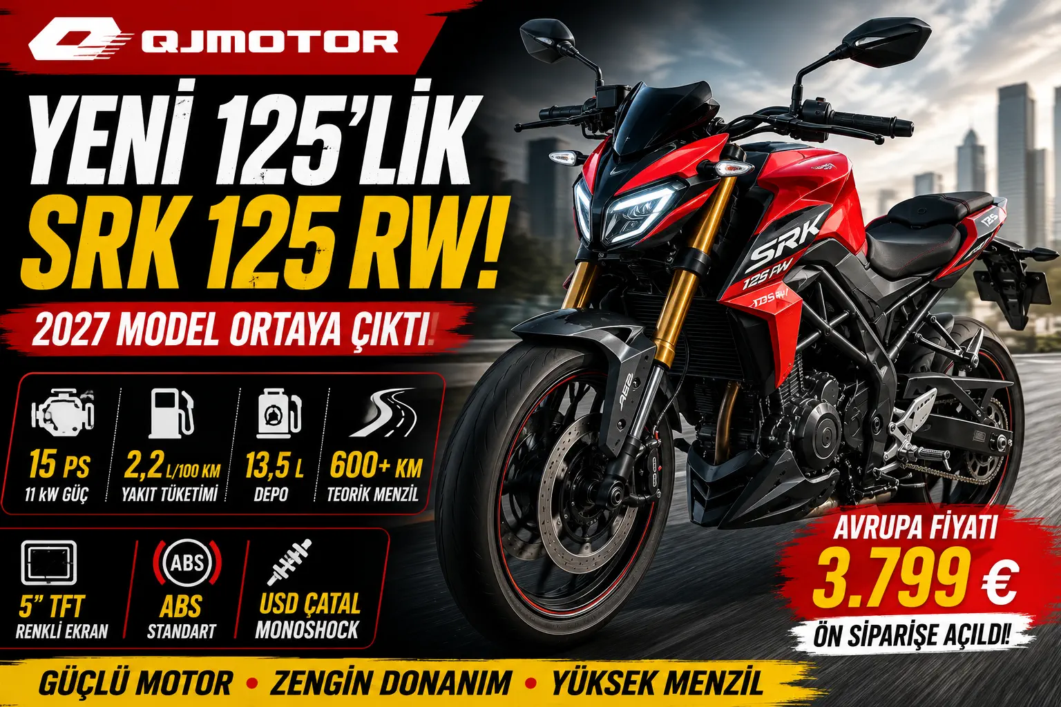 2027 QJMotor SRK 125 RW Tanıtıldı: 15 PS Güç, TFT Ekran ve 600 Km’yi Aşan Teorik Menzil