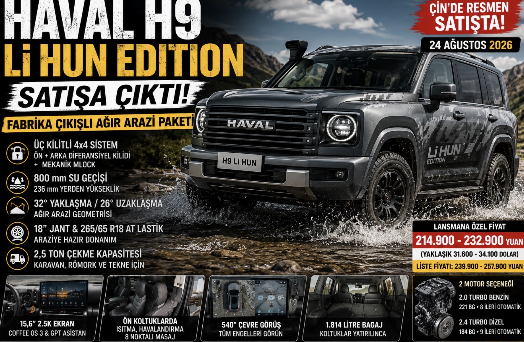 Haval H9 Li Hun Edition Satışa Çıktı: 3 Kilit ve 800 mm Su Geçişi