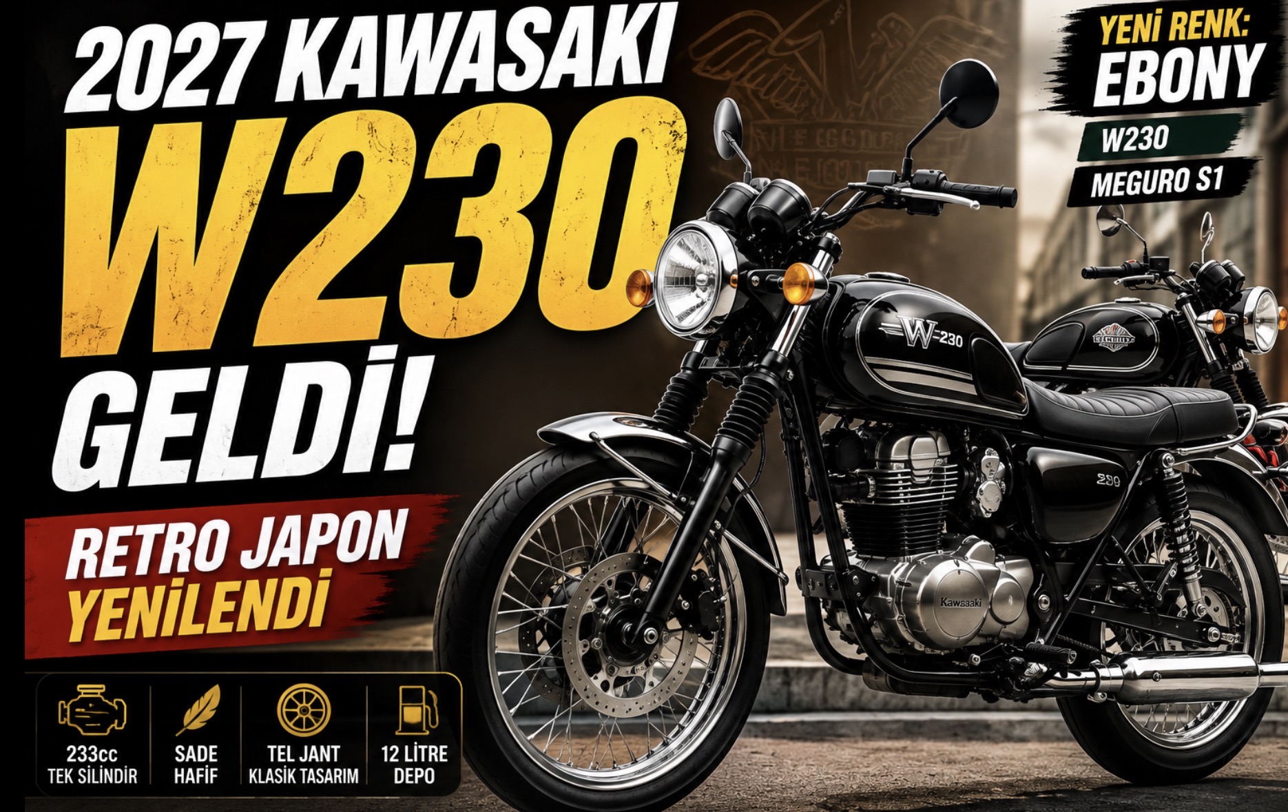 2027 Kawasaki W230 ve Meguro S1 Tanıtıldı: Yeni Ebony Renk Geldi