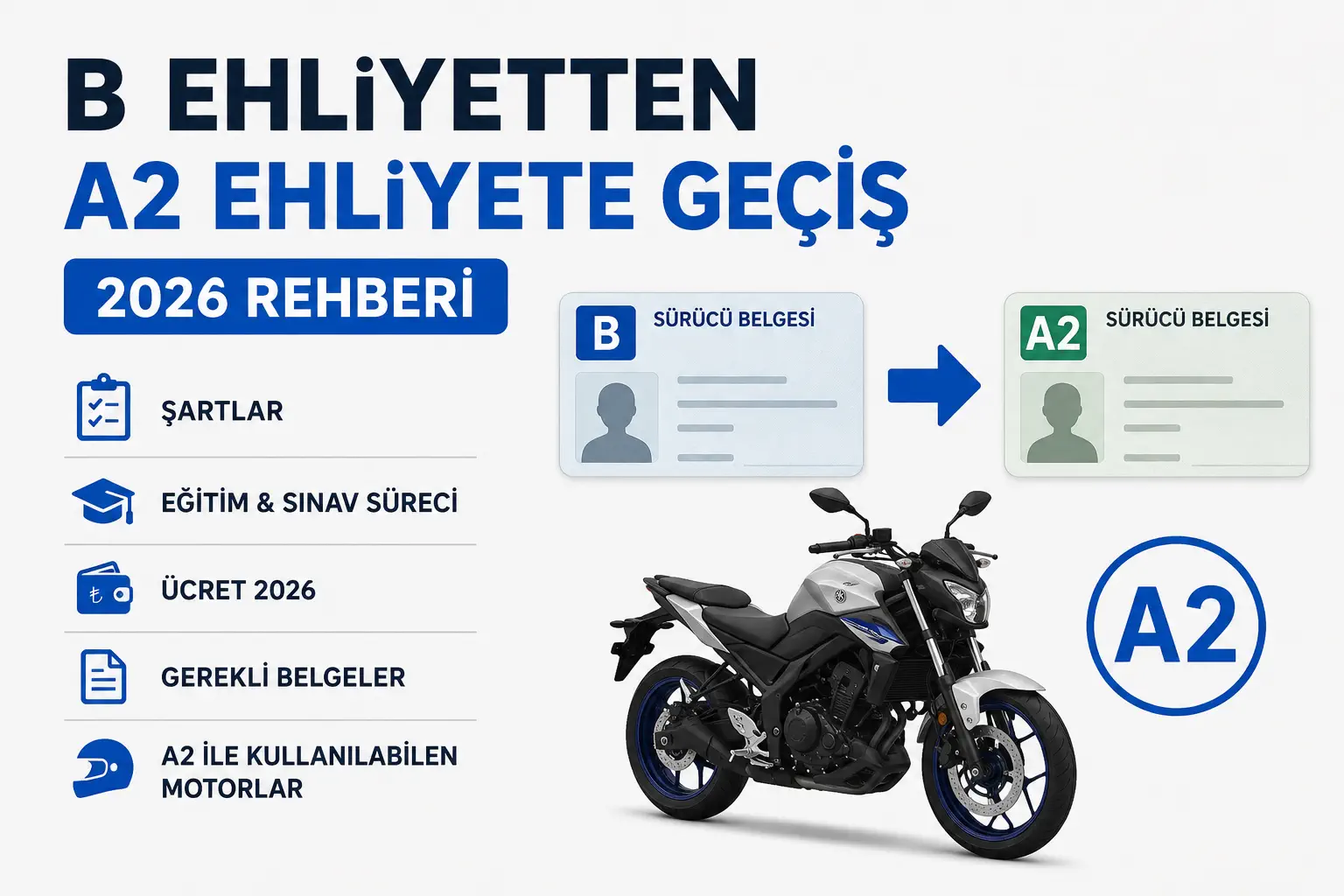 B Ehliyetten A2 Ehliyete Geçiş 2026: Şartlar, Sınav ve Ücret