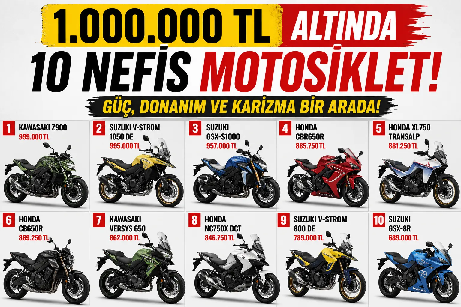 1.000.000 TL Altında Alınabilecek 10 Nefis Motosiklet: Güç, Donanım ve Karizma Bir Arada!