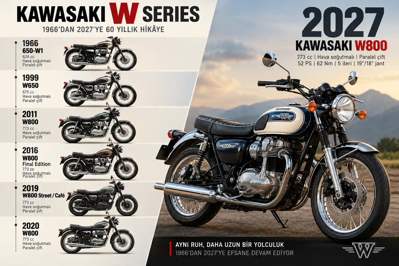 Kawasaki W800 Nereden Nereye Geldi? 1966 W1’den 2027 W800’e 60 Yıllık Hikâye