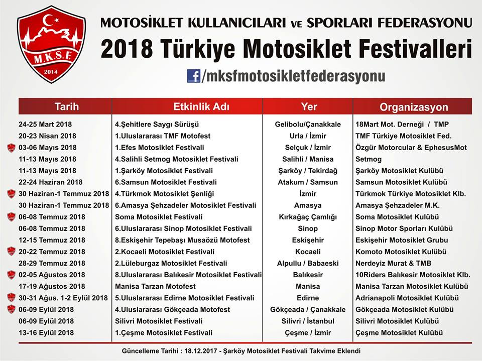 2018 Türkiye Motosiklet Festivalleri Takvimi
