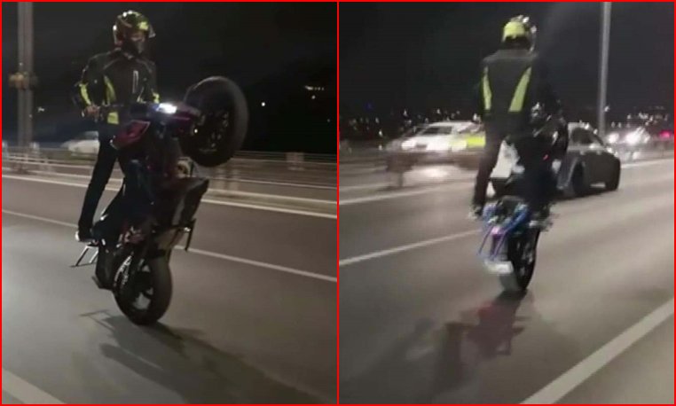 Boğaz köprüsünden tek tekerle geçen motosikletli kameralara yakalandı