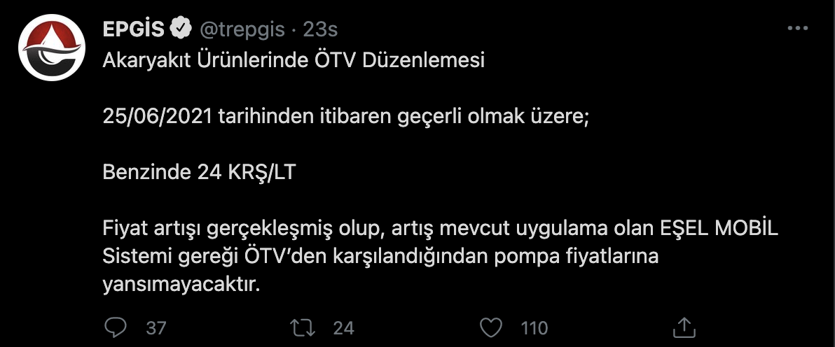 Benzinde yeni zam 24 kuruş oldu