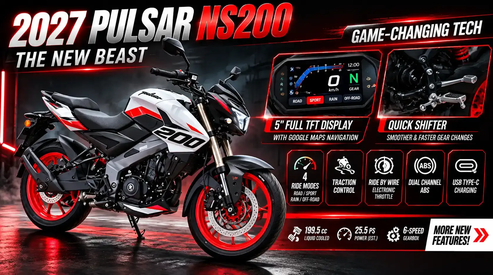 Bajaj Pulsar NS200'e Quickshifter ve TFT Ekran Geldi! 25,5 PS Güç ve 4 Sürüş Modu
