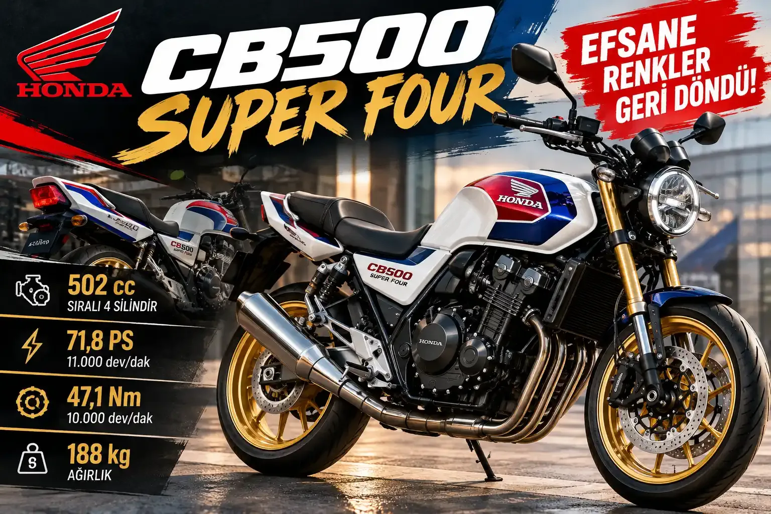 Honda CB500 Super Four'un Klasik Renkli Versiyonu Ortaya Çıktı! 71,8 PS Güç ve Altın Jantlar