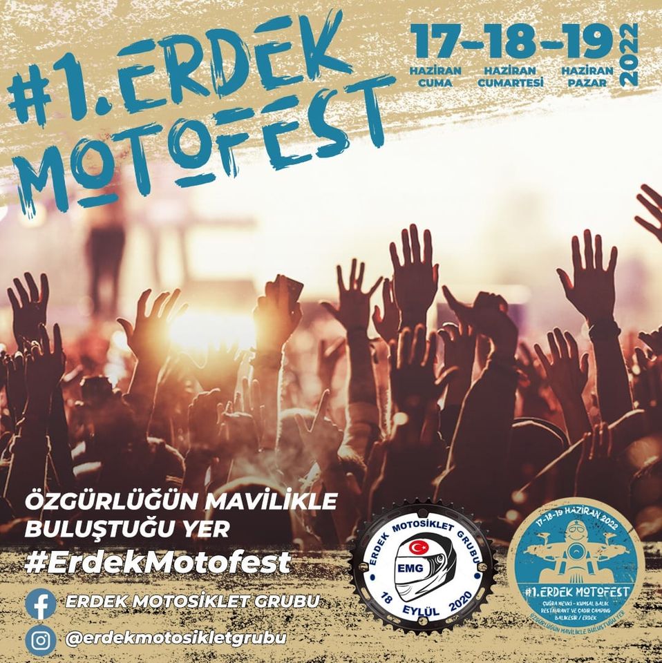 Özgürlüğün Mavilikle buluştuğu güzel şehir Erdek motosiklet tutkunlarını bekliyor. İlk defa düzenlenen motosiklet festivali bomba gibi bir programla motosiklet tutkunlarını ağırlamaya hazır. 17-19 Haziranda Erdek´teyiz. Erdek Motosiklet Grubu başkanı Nihat Üner ve ekibi zengin içerikli bir festivalle motosiklet tutkunlarına güzel bir festival hazırlamış.